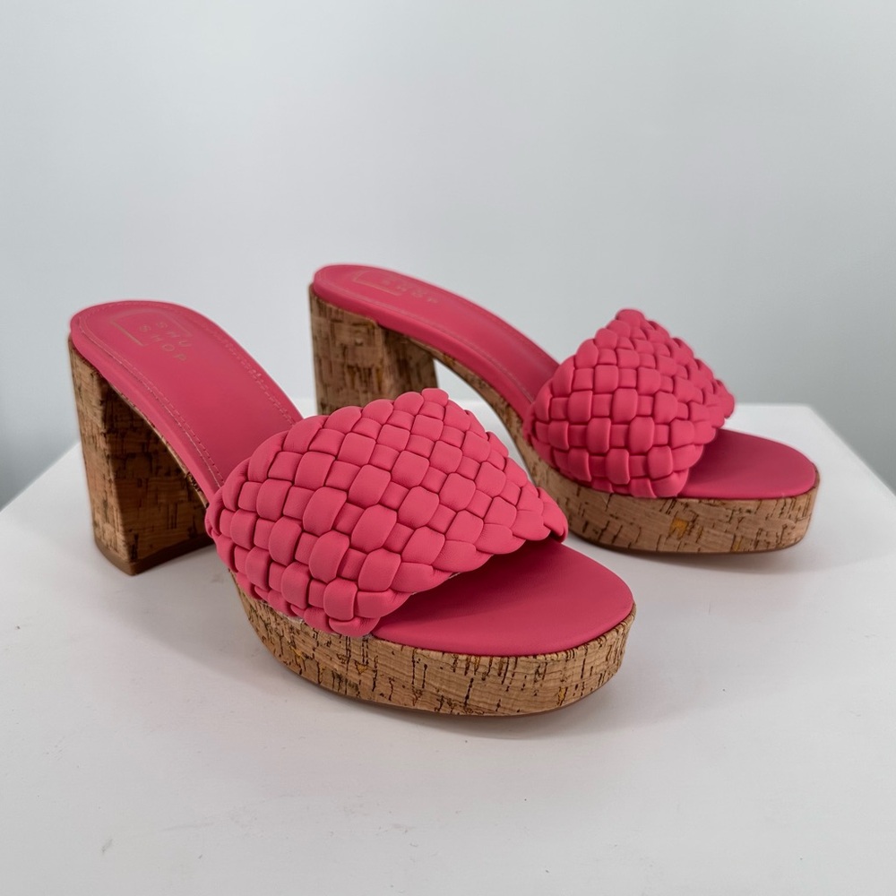Shu Shop Gladys Braided Cork Heeled Sandals in Coral size 8.5